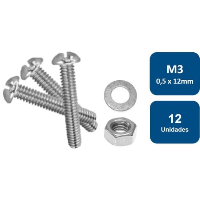 Set Metrico de Perno Cocina, Tuerca y Golilla M3-0.5 x 12mm 12un.