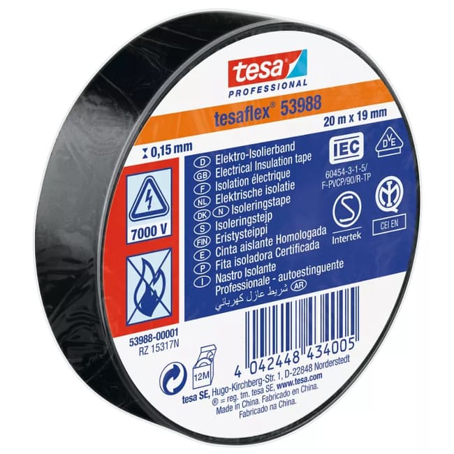 Tesaflex Cinta Aisladora Eléctrica Profesional Negra 20m x 19mm