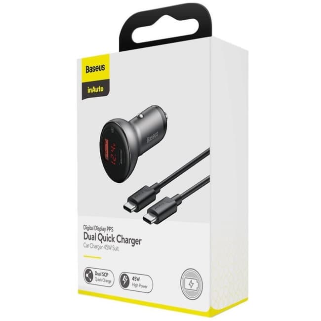 Cargador de Auto Digital PPS Dual QC 3.0 45W con cable USB C Negro 